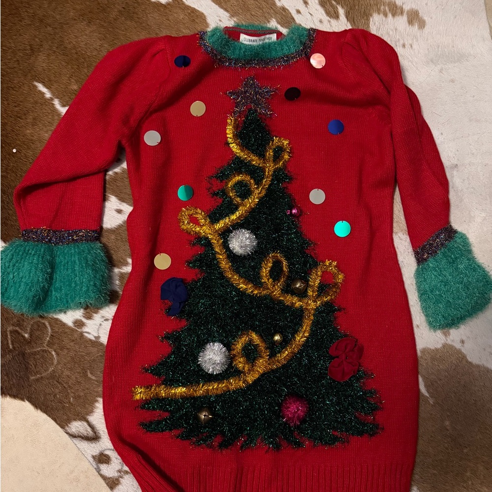 Red Christmas Tree Sweater Dress with Green Trim